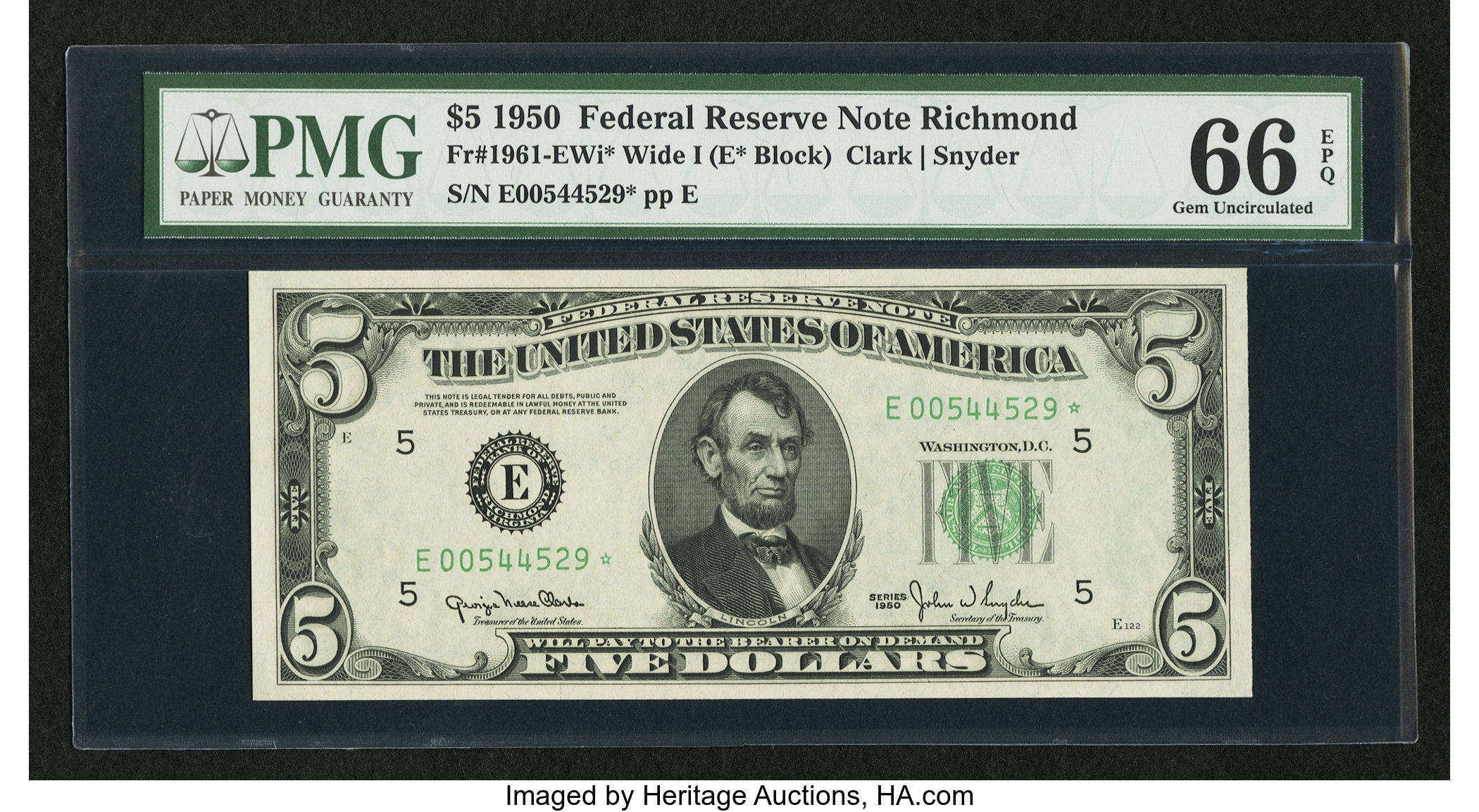 image for: Fr. 1961-E* $5 1950 Wide I Federal Reserve Note. PMG Gem Uncirculated 66 EPQ....
