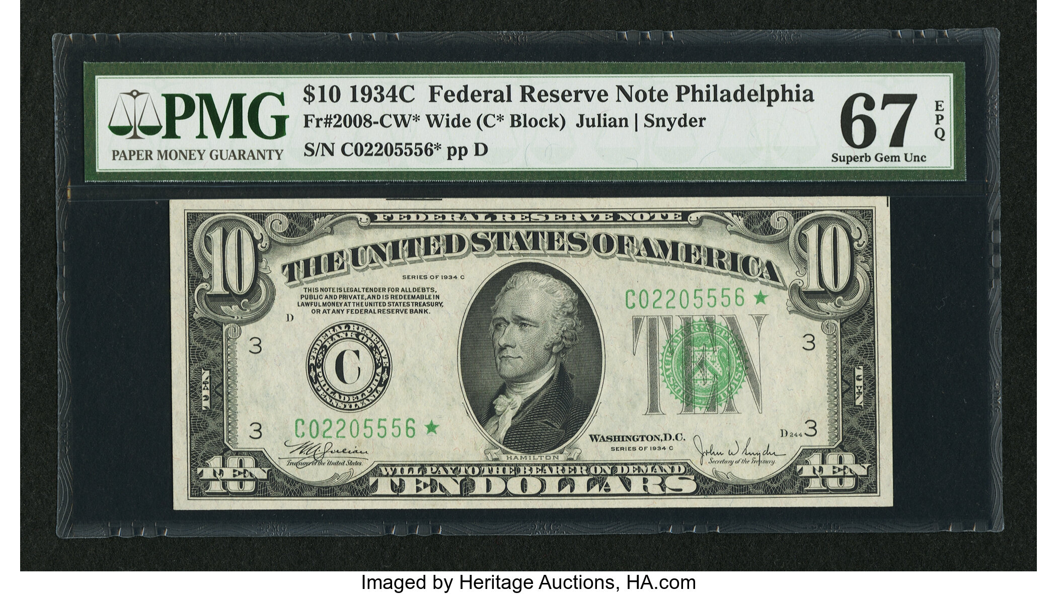 image for: Fr. 2008-C* $10 1934C Wide Federal Reserve Note. PMG Superb Gem Uncirculated 67 EPQ....