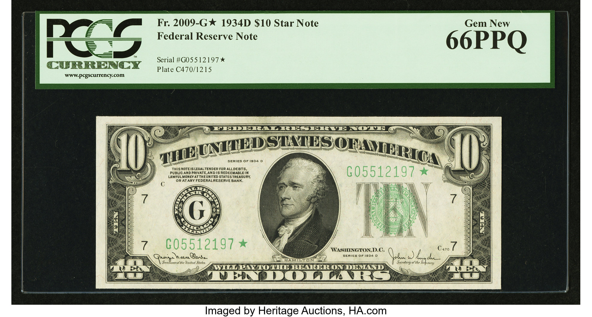 image for: Fr. 2009-G* $10 1934D Federal Reserve Note. PCGS Gem New 66PPQ....