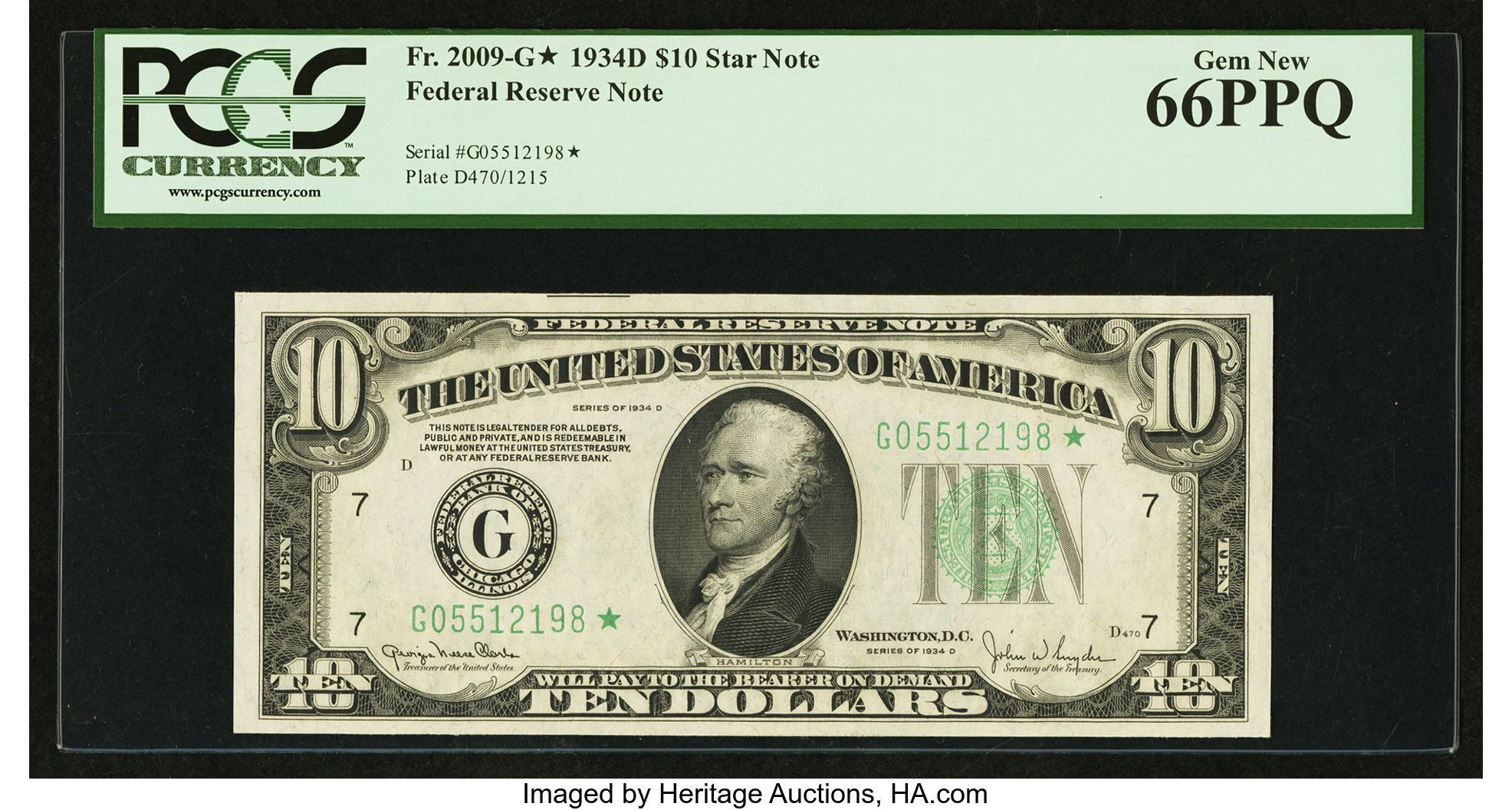 image for: Fr. 2009-G* $10 1934D Federal Reserve Note. PCGS Gem New 66PPQ....