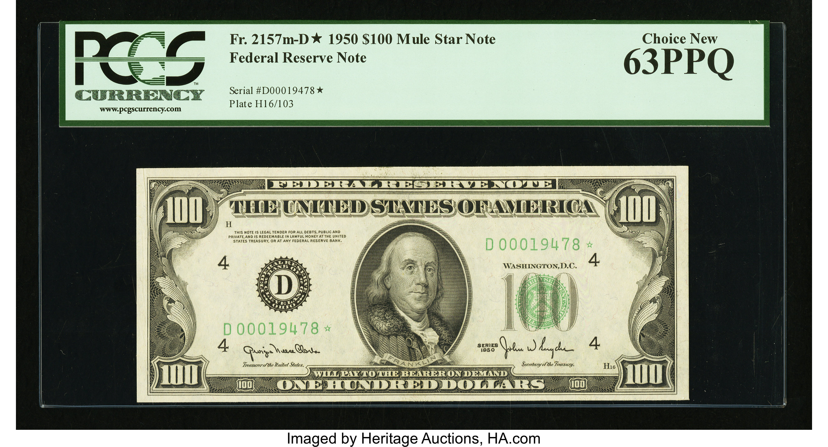 image for: Fr. 2157-D* $100 1950 Mule Federal Reserve Note. PCGS Choice New 63PPQ....