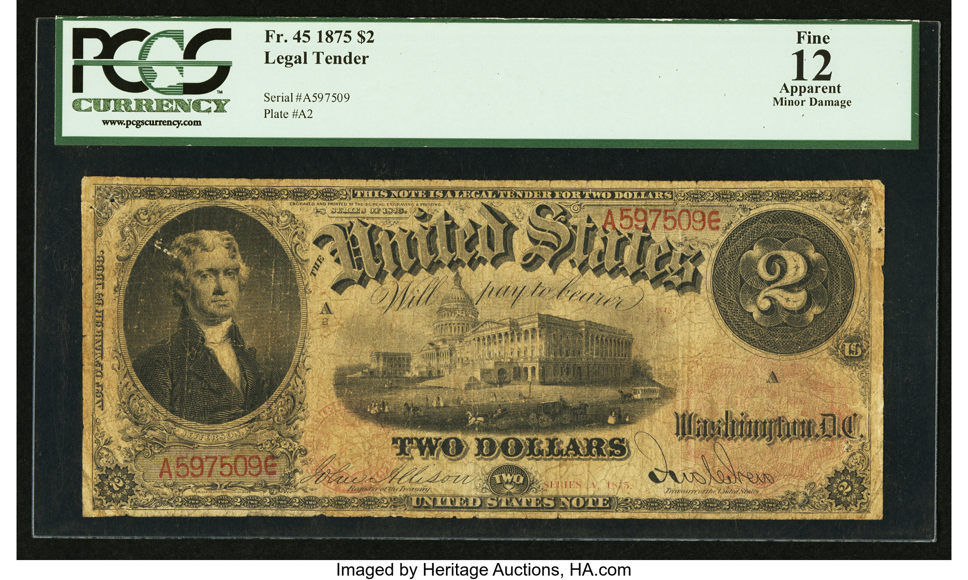 image for: Fr. 45 $2 1875 Legal Tender PCGS Apparent Fine 12....