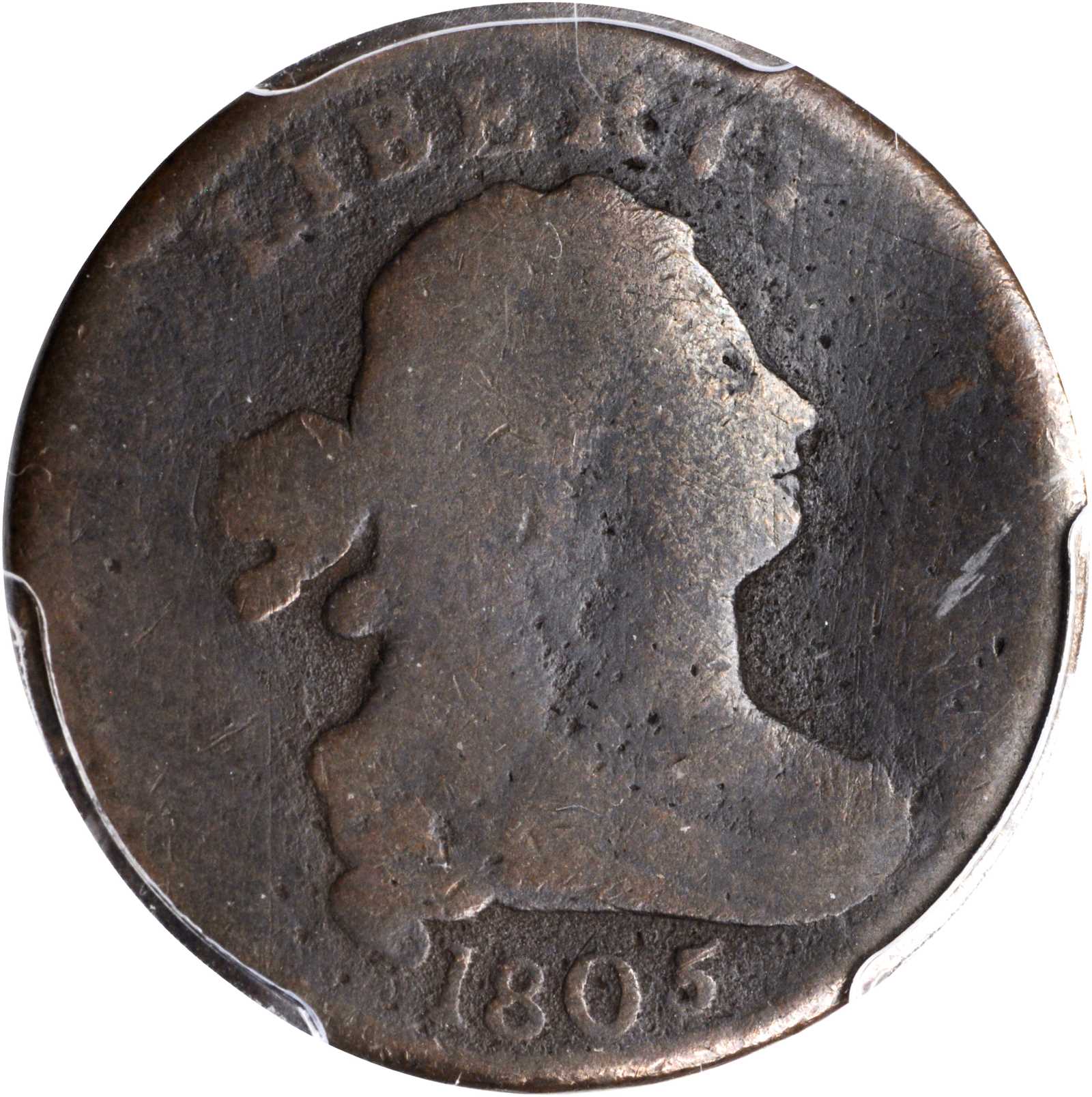 image for: 1805 Draped Bust Half Cent. C-2. Rarity-6-. Small 5, Stems. Good Details--Bent (PCGS).
