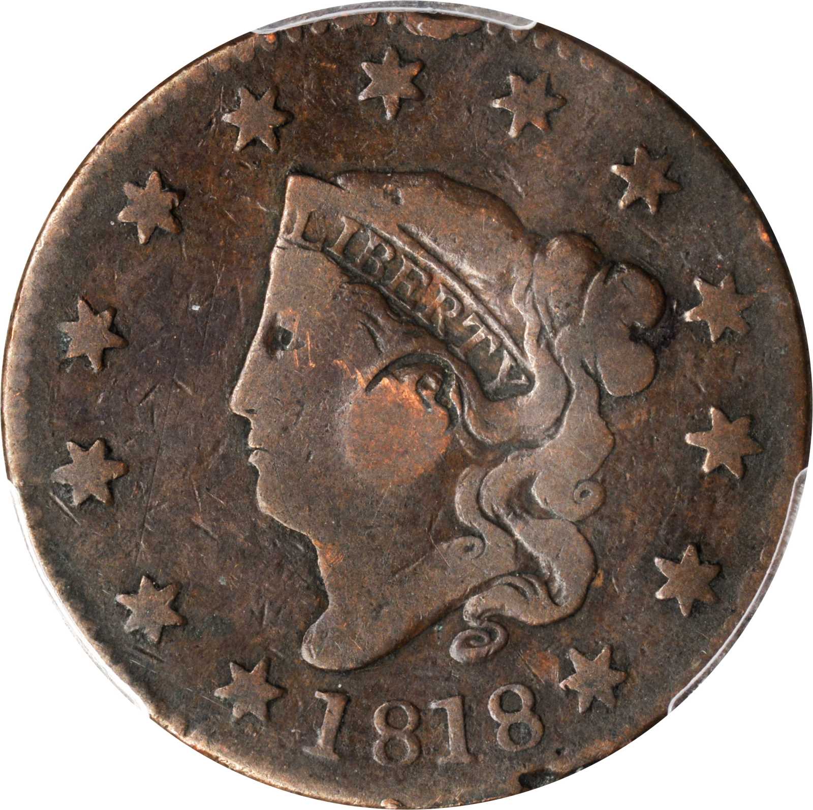 image for: 1818 Matron Head Cent. N-4. Rarity-4. Noyes Die State D/A. VG Details--Damage (PCGS).