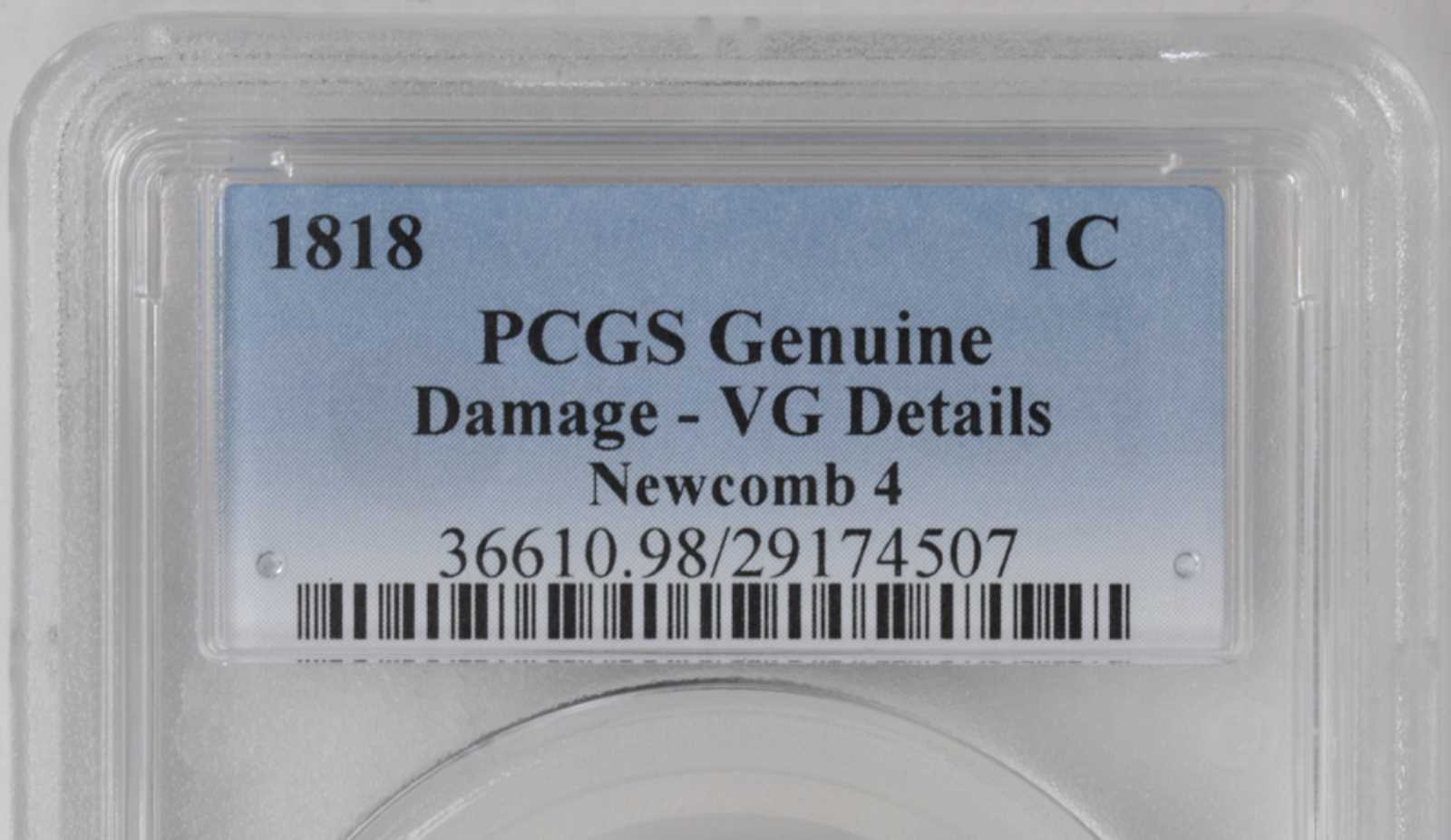 image for: 1818 Matron Head Cent. N-4. Rarity-4. Noyes Die State D/A. VG Details--Damage (PCGS).