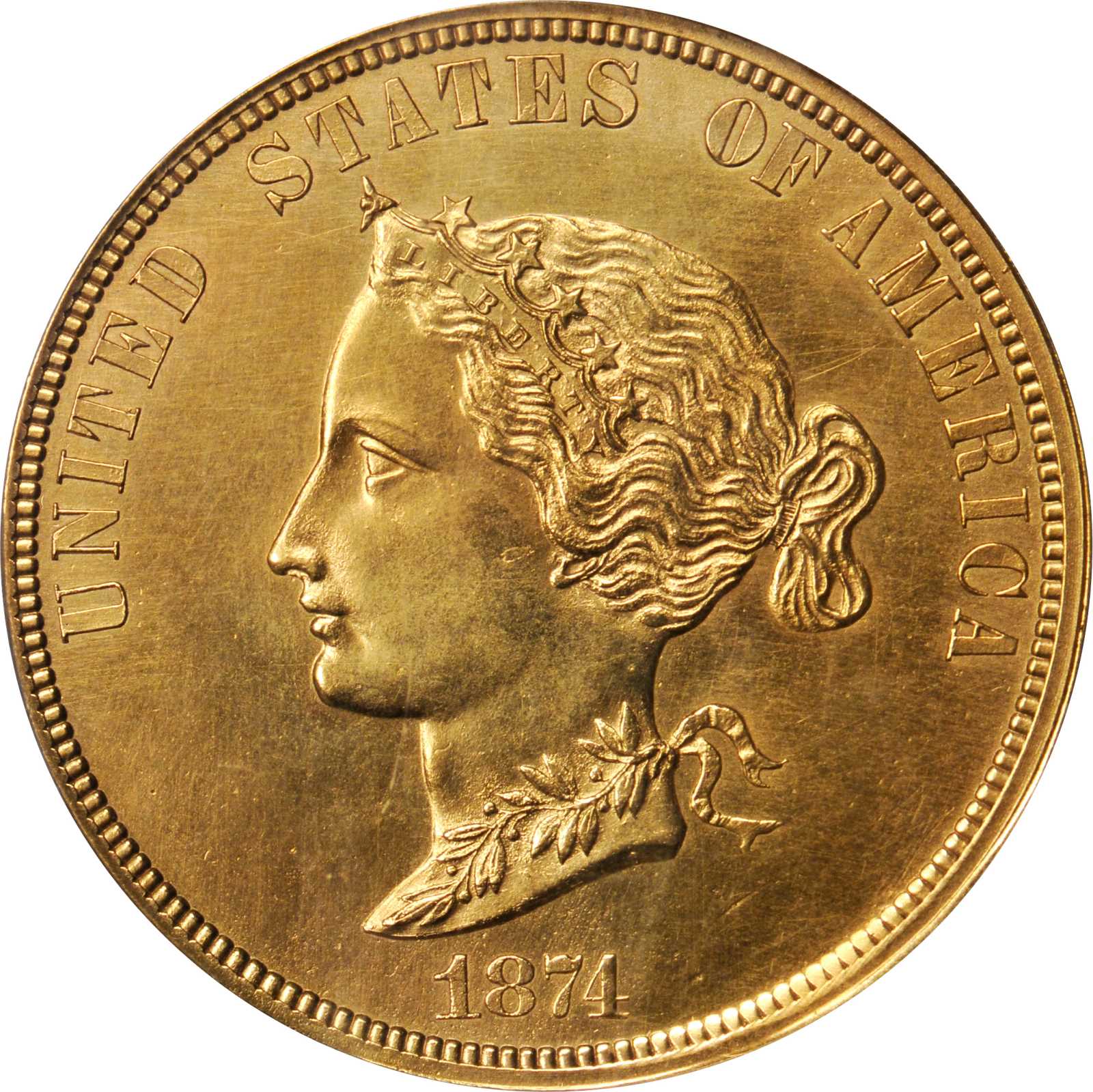 image for: 1874 Pattern Bickford Eagle. Judd-1375 Gilt, Pollock-1520. Rarity-7-. Gilt Copper. Plain Edge. Proof--Improperly Cleaned (NCS).