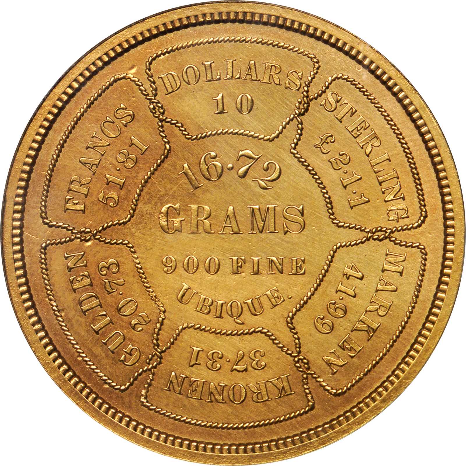 image for: 1874 Pattern Bickford Eagle. Judd-1375 Gilt, Pollock-1520. Rarity-7-. Gilt Copper. Plain Edge. Proof--Improperly Cleaned (NCS).