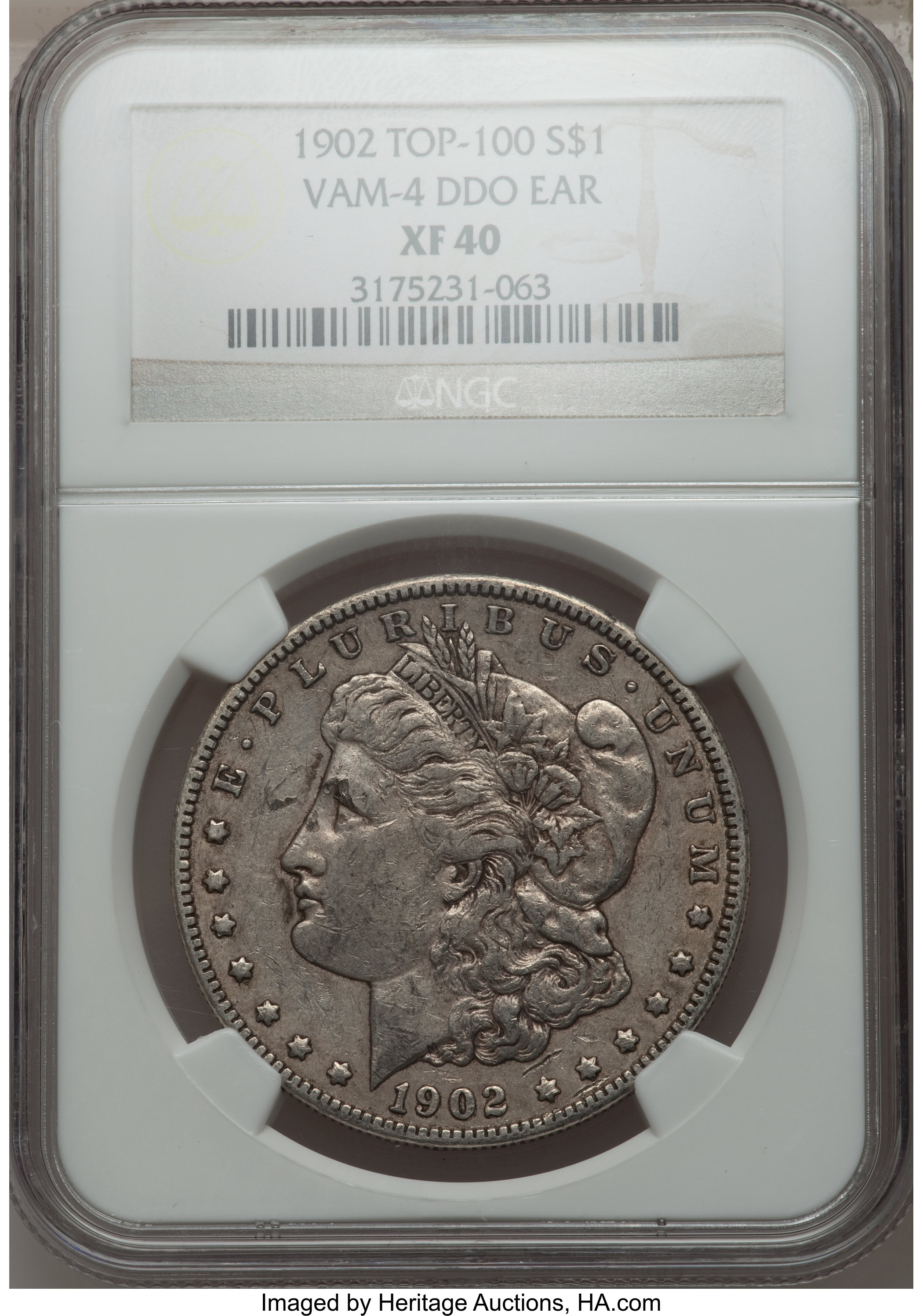 1902 $1 Double Die Obverse, Ear XF40 NGC. TOP-100. NGC Census: (13/5351). PCGS Population (6/7141). Mintage: 7,994,777. Nu...