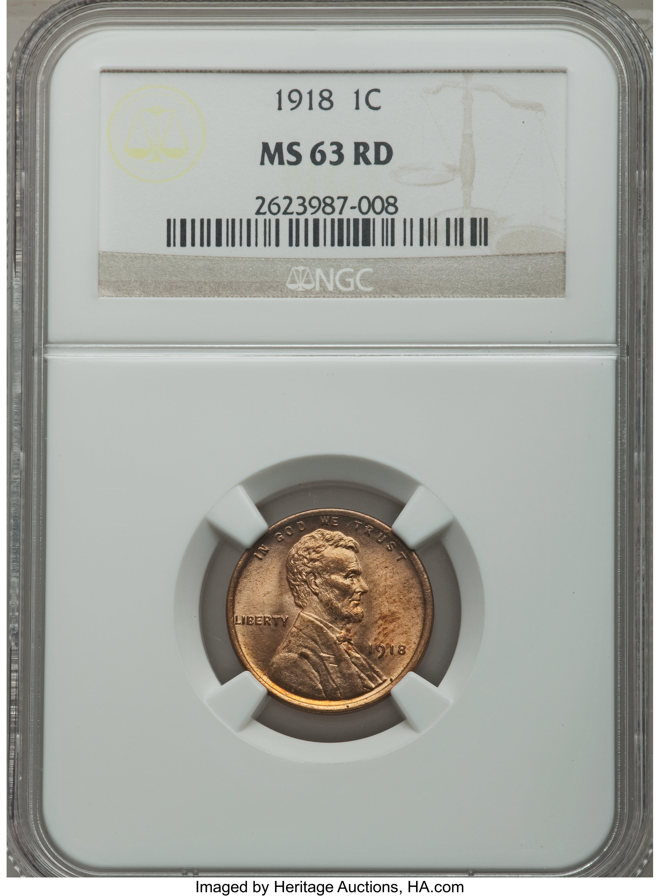 1918 1C MS63 Red NGC. NGC Census: (23/141). PCGS Population (25/649). Mintage: 288,104,640. Numismedia Wsl. Price for probl...