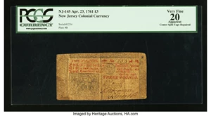 image for: Ascending Ladder 1234 New Jersey April 23, 1761 £3 PCGS Apparent Very Fine 20....