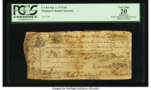image for: Virginia September 1, 1775 £5 PCGS Apparent Very Fine 20....