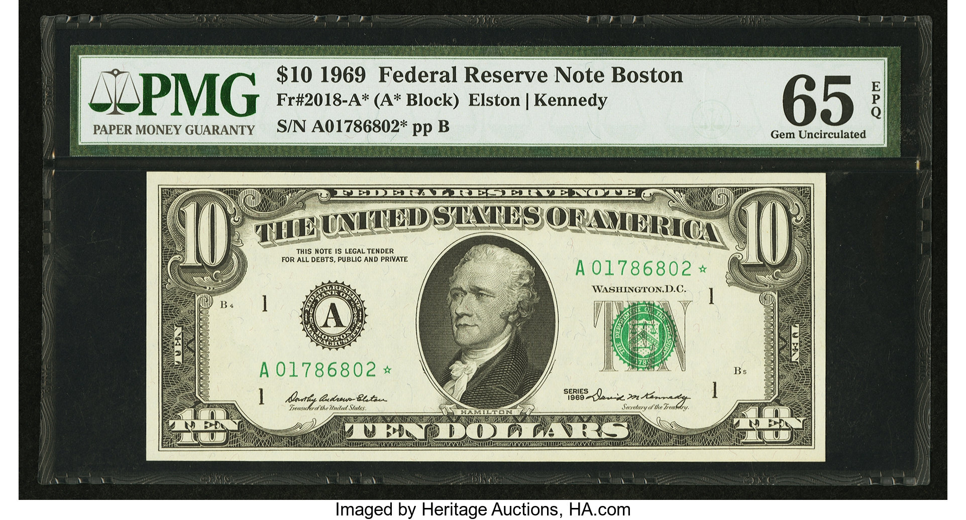 image for: Fr. 2018-A* $10 1969 Federal Reserve Star Note. PMG Gem Uncirculated 65 EPQ....