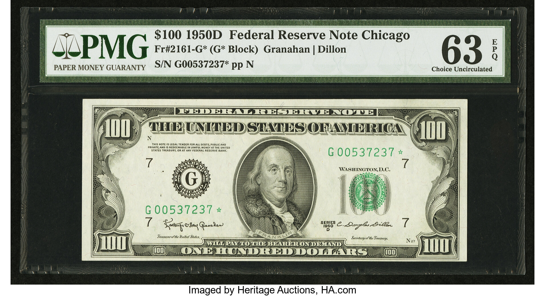 image for: Fr. 2161-G* $100 1950D Federal Reserve Star Note. PMG Choice Uncirculated 63 EPQ....