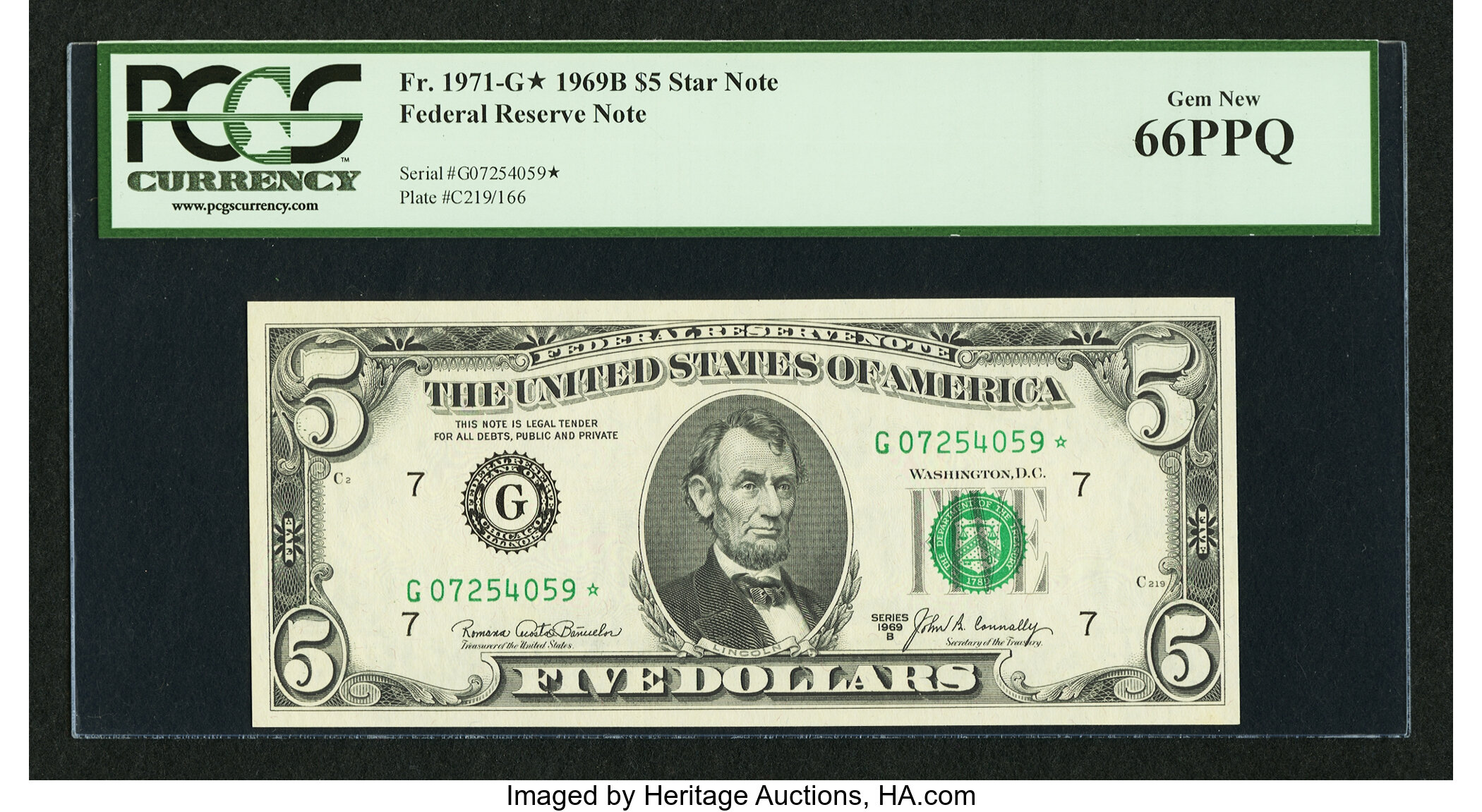 image for: Fr. 1971-G* $5 1969B Federal Reserve Note. PCGS Gem New 66PPQ....