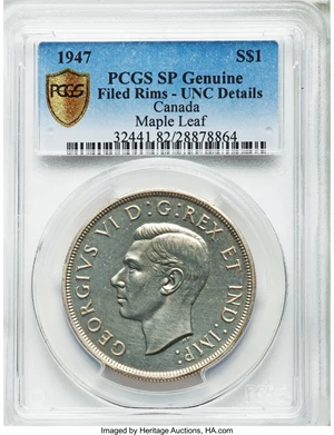 image for: George VI "Maple Leaf" Specimen Dollar 1947 UNC Details (Filed Rims) PCGS