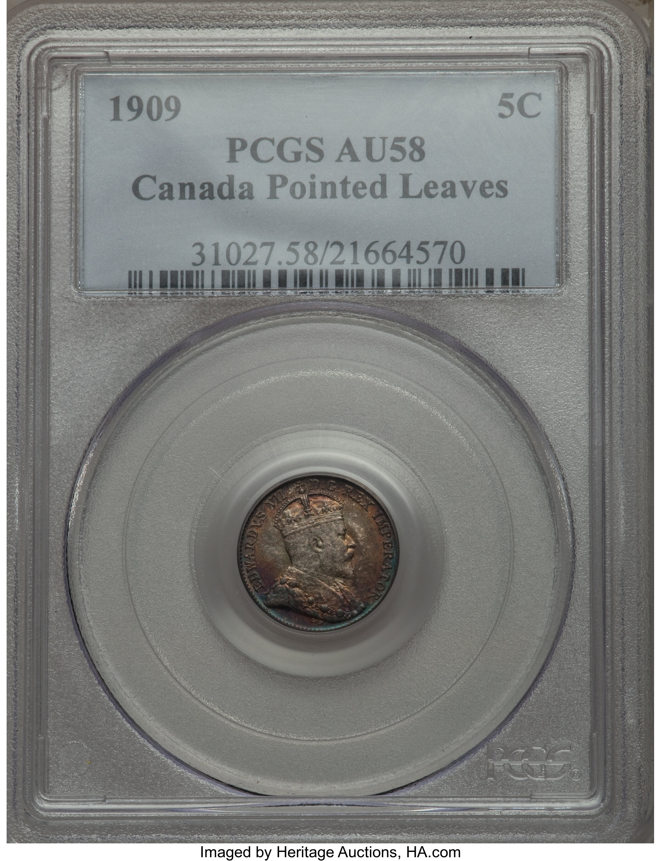 image for: Edward VII 5 Cents 1909 Pointed Leaves AU58 PCGS