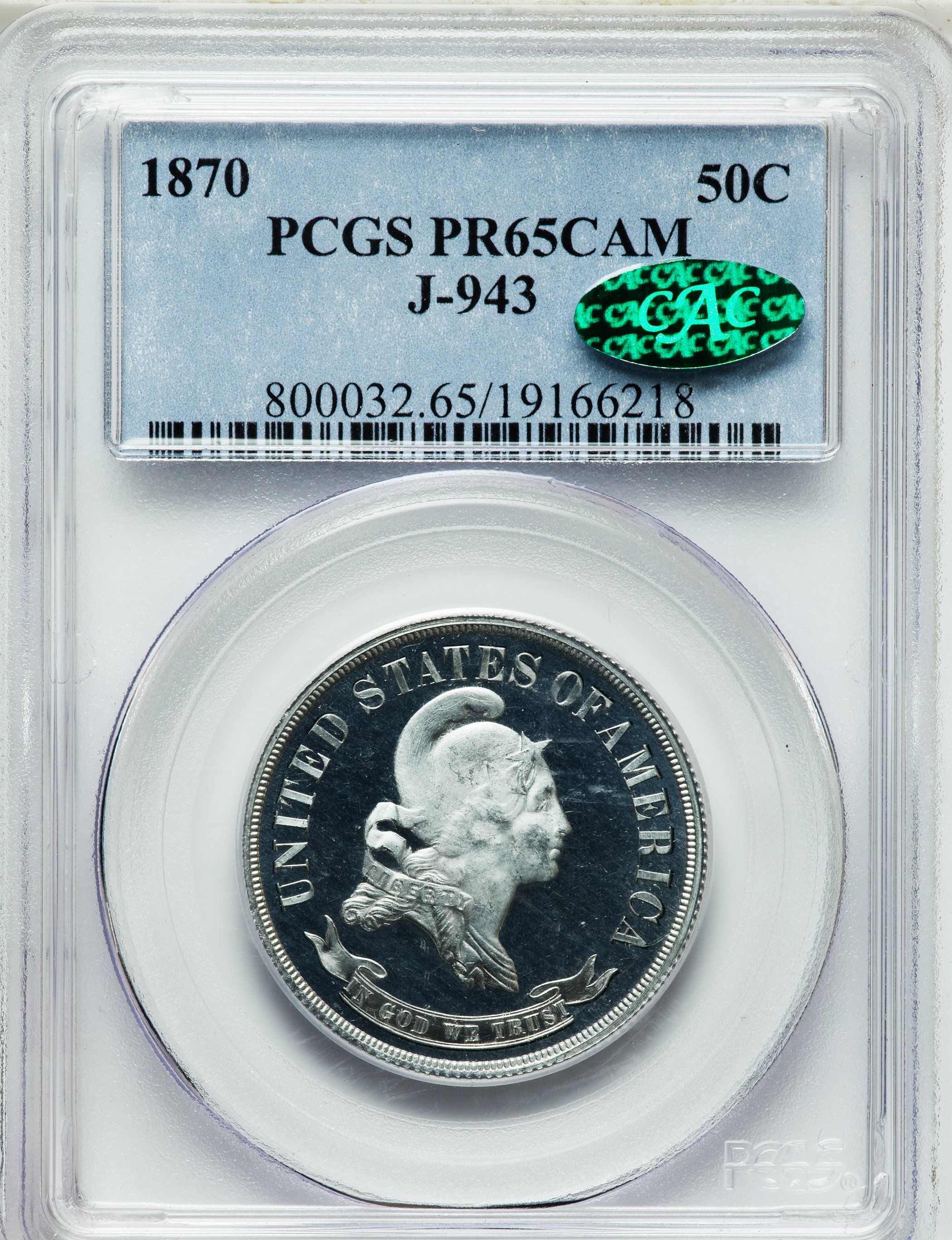 image for: 1870 50C Standard Silver Half Dollar, Judd-943, Pollock-1071, High R.7, PR65 Cameo PCGS. CAC....