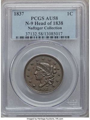 image for: 1837 1C Head of 1838, N-9, R.1, AU58 PCGS. Ex: Naftzger Collection. PCGS Population (2/12). NGC Census: (0/0). Ex: Gol...