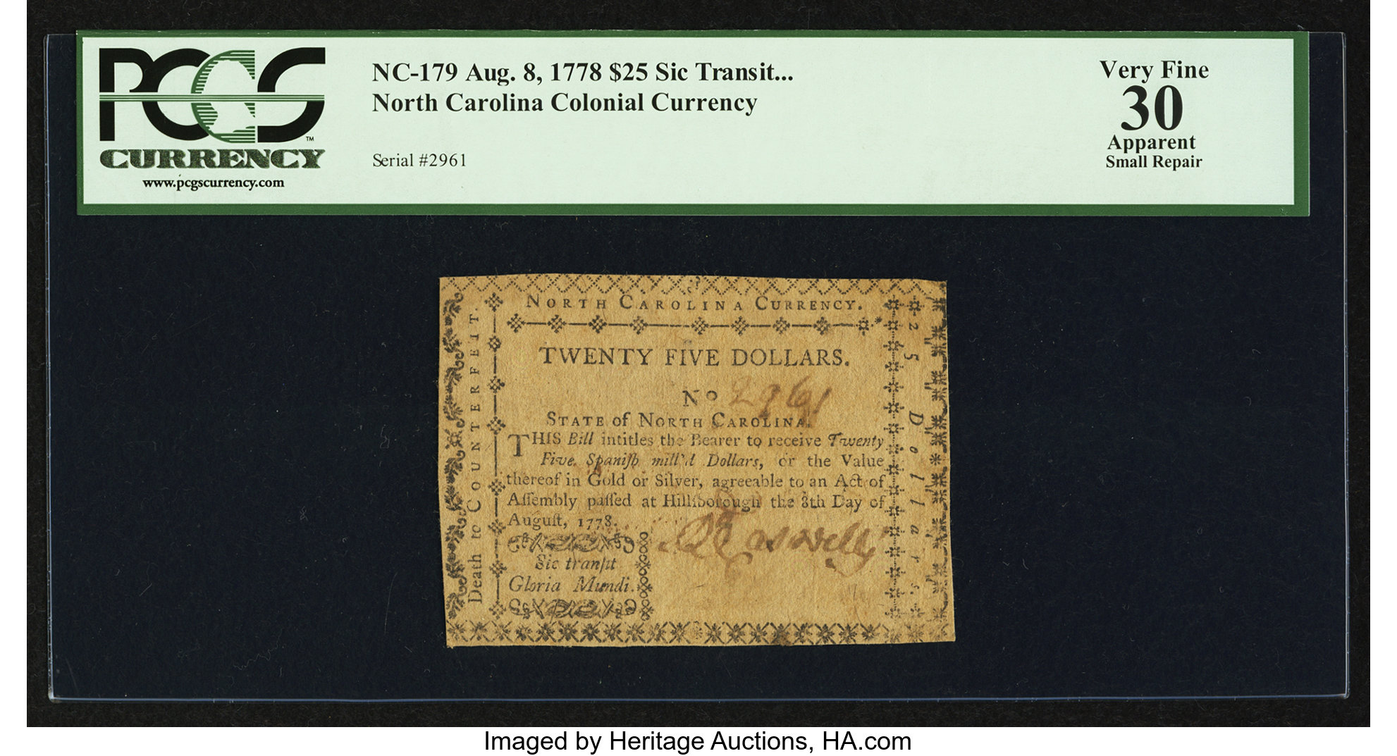image for: North Carolina August 8, 1778 $25 Sic Transit Gloria Mundi PCGS Apparent Very Fine 30....