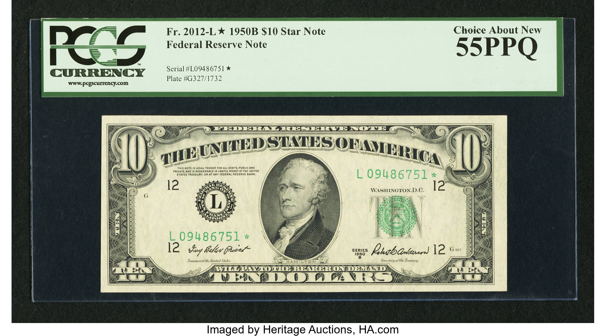 image for: Fr. 2012-L* $10 1950B Federal Reserve Star Note. PCGS Choice About New 55PPQ....