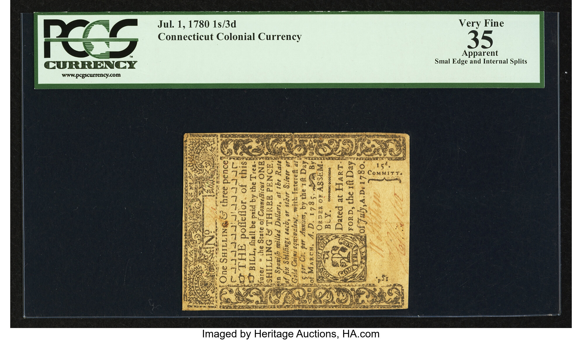 image for: Uncancelled Connecticut July 1, 1780 1s 3d PCGS Apparent Very Fine 35....