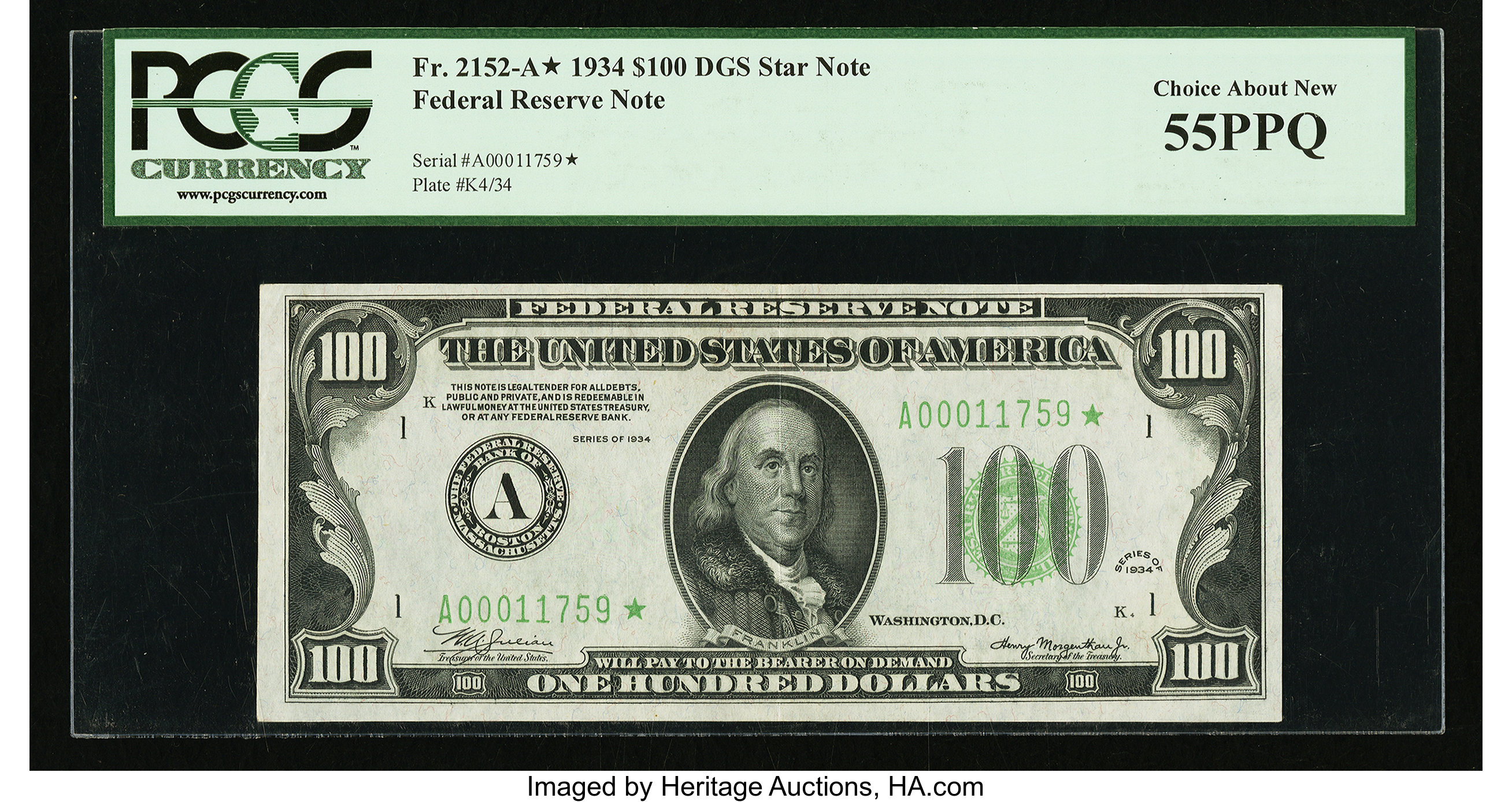 image for: Fr. 2152-A* $100 1934 Dark Green Seal Federal Reserve Star Note. PCGS Choice About New 55PPQ....