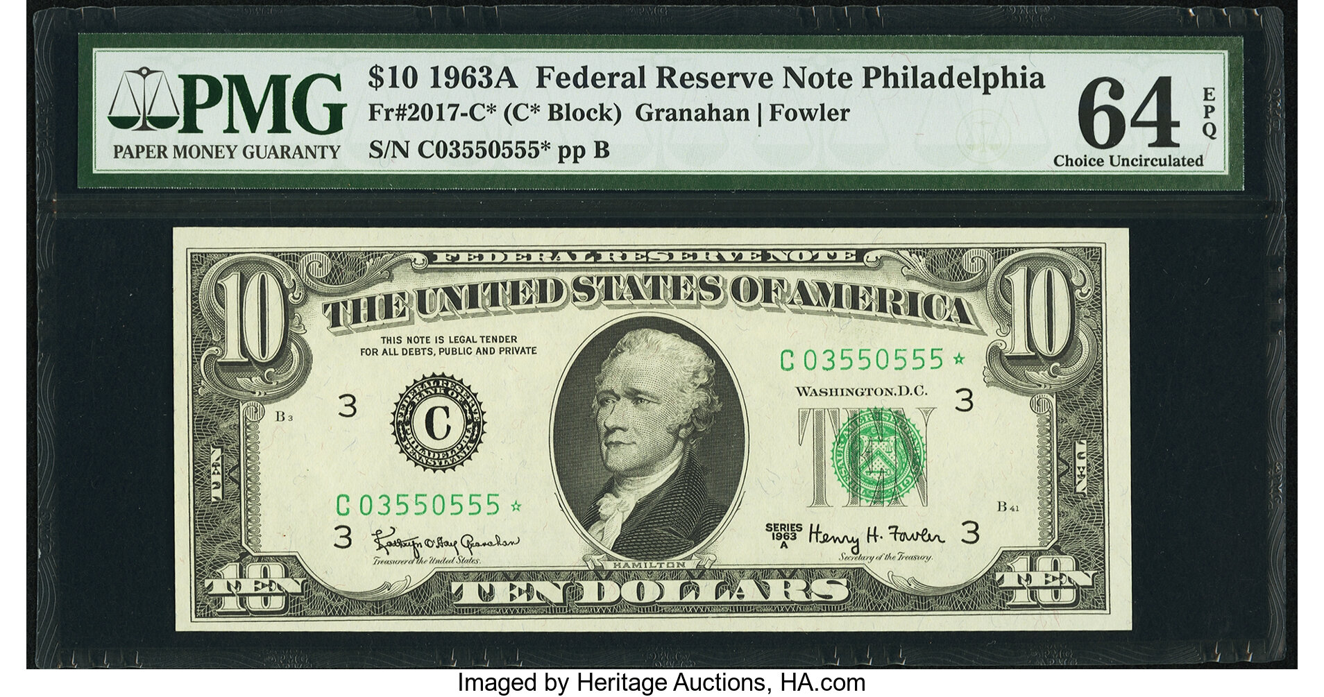 image for: Fr. 2017-C* $10 1963A Federal Reserve Note. PMG Choice Uncirculated 64 EPQ....