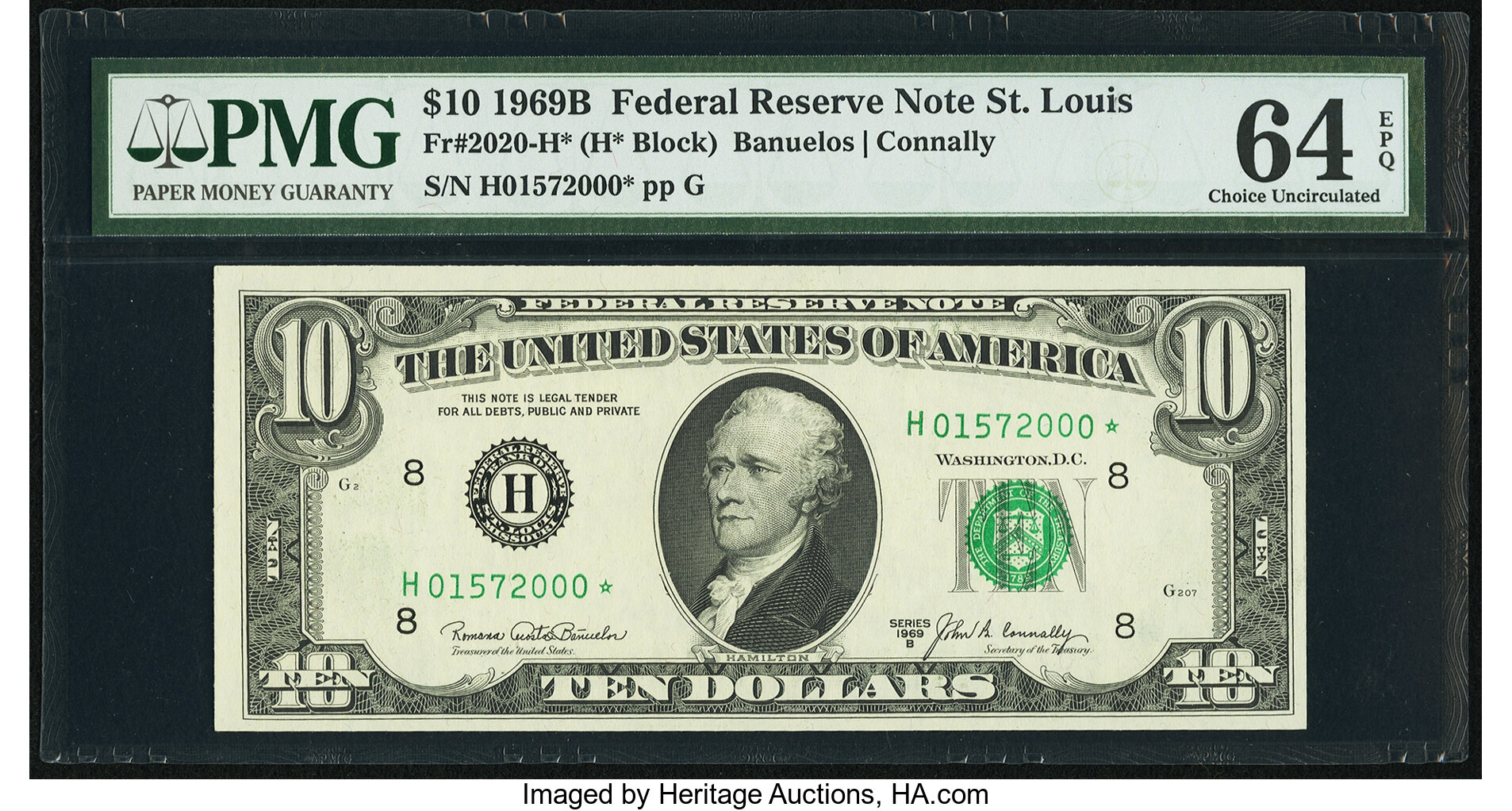 image for: Fr. 2020-H* $10 1969B Federal Reserve Note. PMG Choice Uncirculated 64 EPQ....
