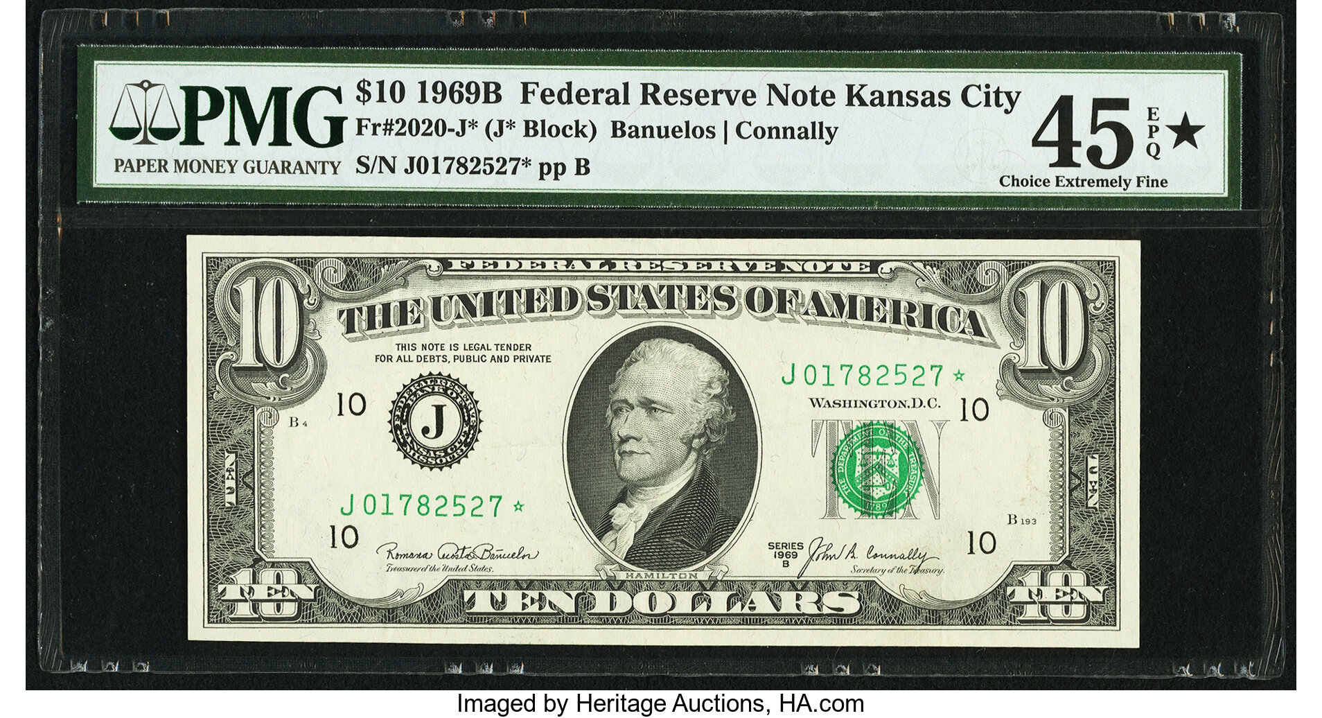 image for: Fr. 2020-J* $10 1969B Federal Reserve Note. PMG Choice Extremely Fine 45 EPQ*....