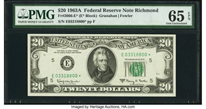 image for: Fr. 2066-E* $20 1963A Federal Reserve Note. PMG Gem Uncirculated 65 EPQ....