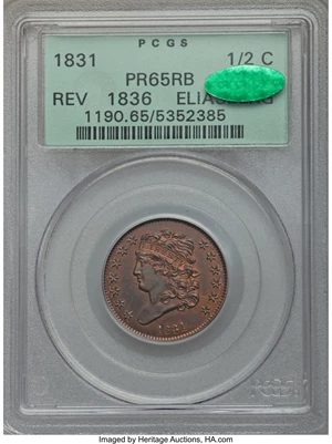 image for: 1831 1/2 C Reverse of 1836 PR65 Red and Brown PCGS. CAC. B-2, High R.5....