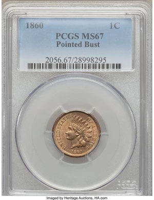 image for: 1860 1C Pointed Bust MS67 PCGS....