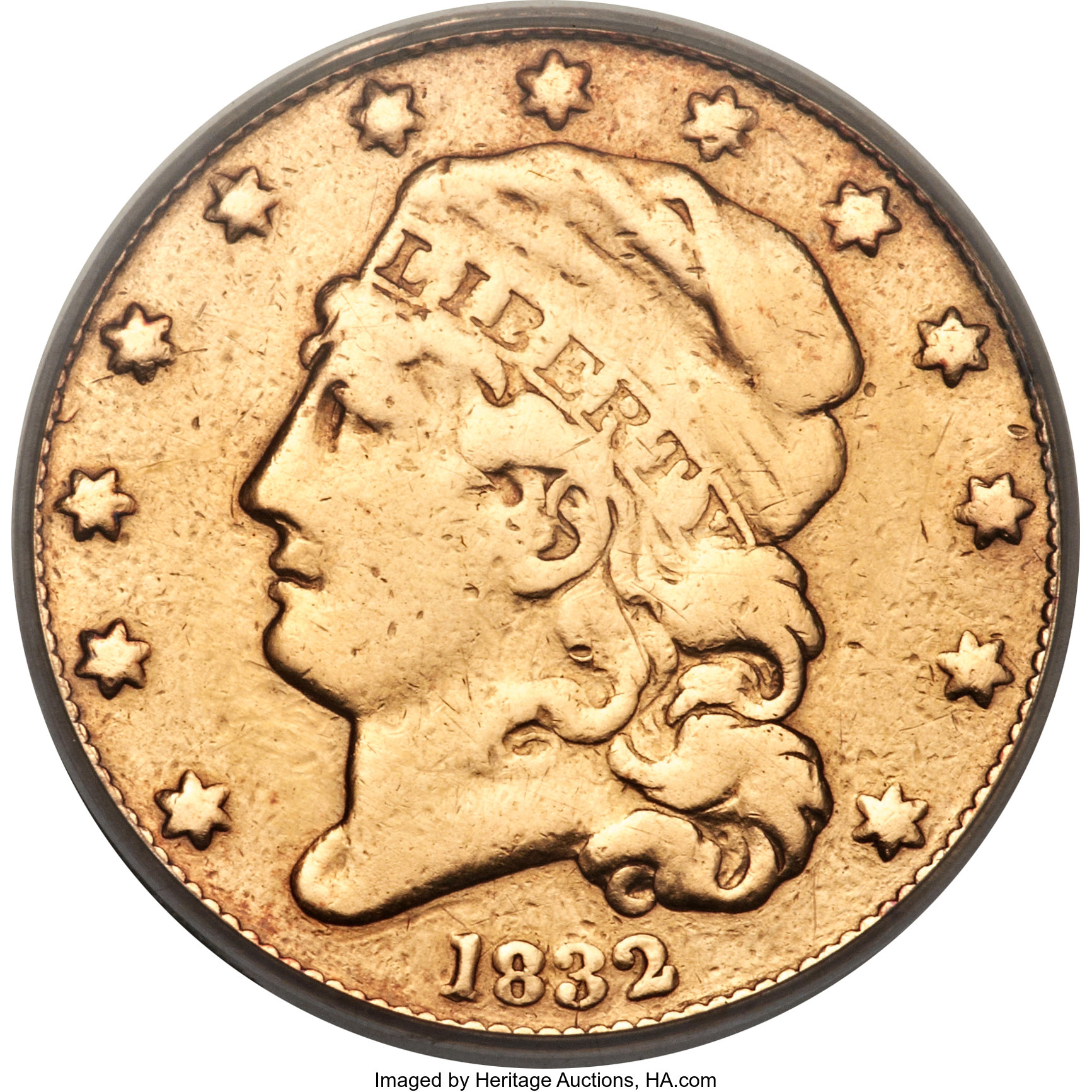 image for: 1832 $5 Square Base 2, 13 Stars -- Ex-Jewelry, Altered Surfaces, Rims Filed -- ANACS. VF20 Details. BD-1, R.5....