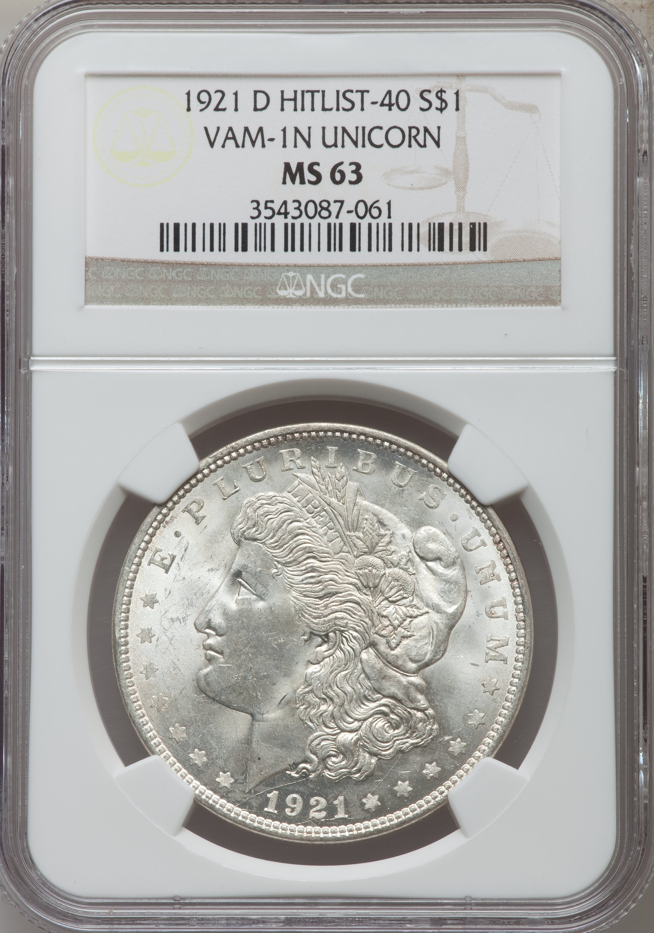 1921-D $1 Unicorn, VAM-1N, MS63 NGC. Hitlist-40. NGC Census: (0/0). PCGS Population (6/14)....