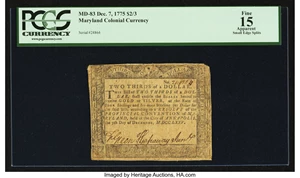image for: Maryland December 7, 1775 $2/3 PCGS Apparent Fine 15....