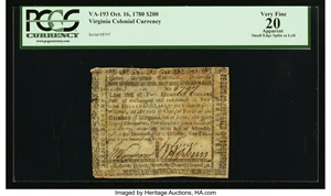 image for: Virginia October 16, 1780 $200 PCGS Apparent Very Fine 20....