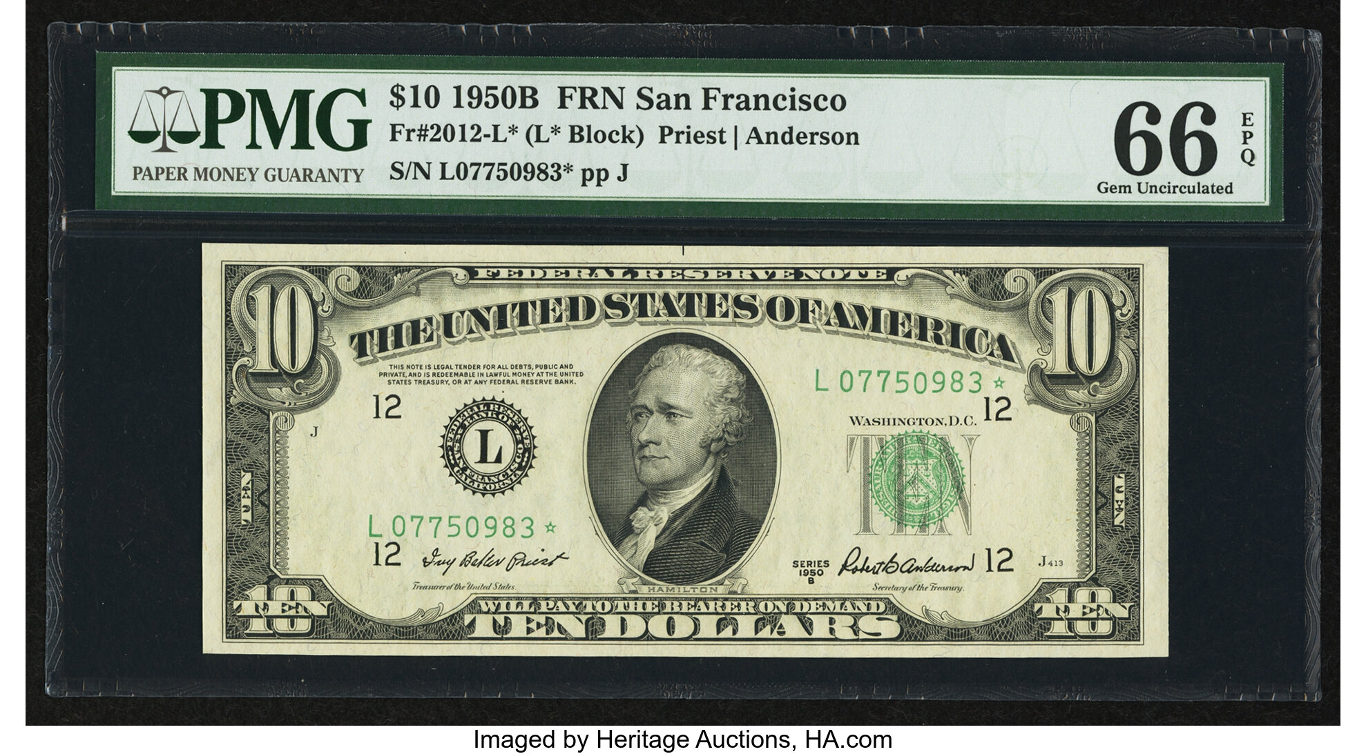 image for: Fr. 2012-L* $10 1950B Federal Reserve Note. PMG Gem Uncirculated 66 EPQ....