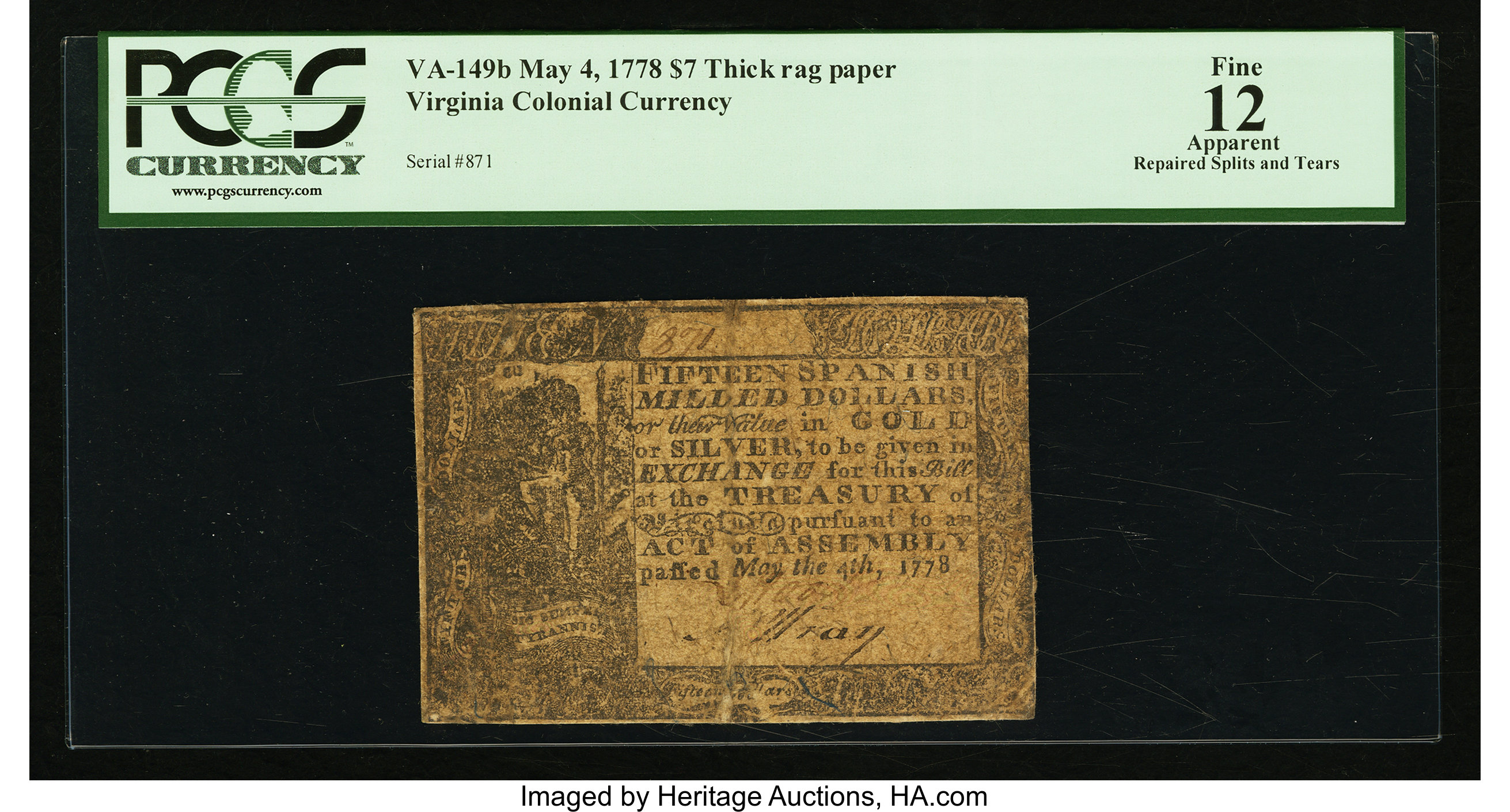 image for: Virginia May 4, 1778 (Dates Printed) $7 PCGS Apparent Fine 12....