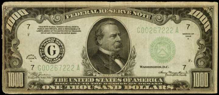 Fr. 2212-G. 1934A $1000. Federal Reserve Notes. Fine.