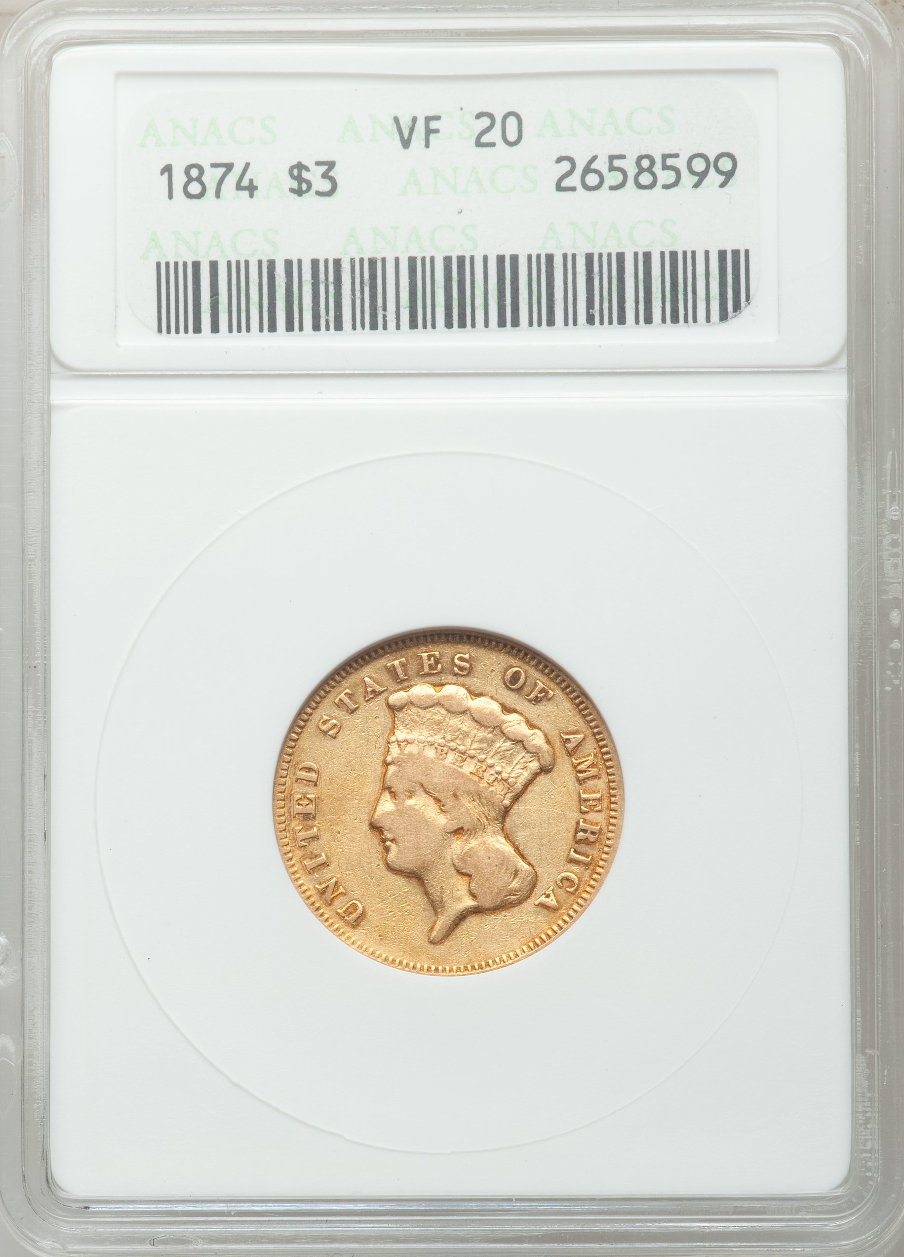1874 $3 VF20 ANACS. ...