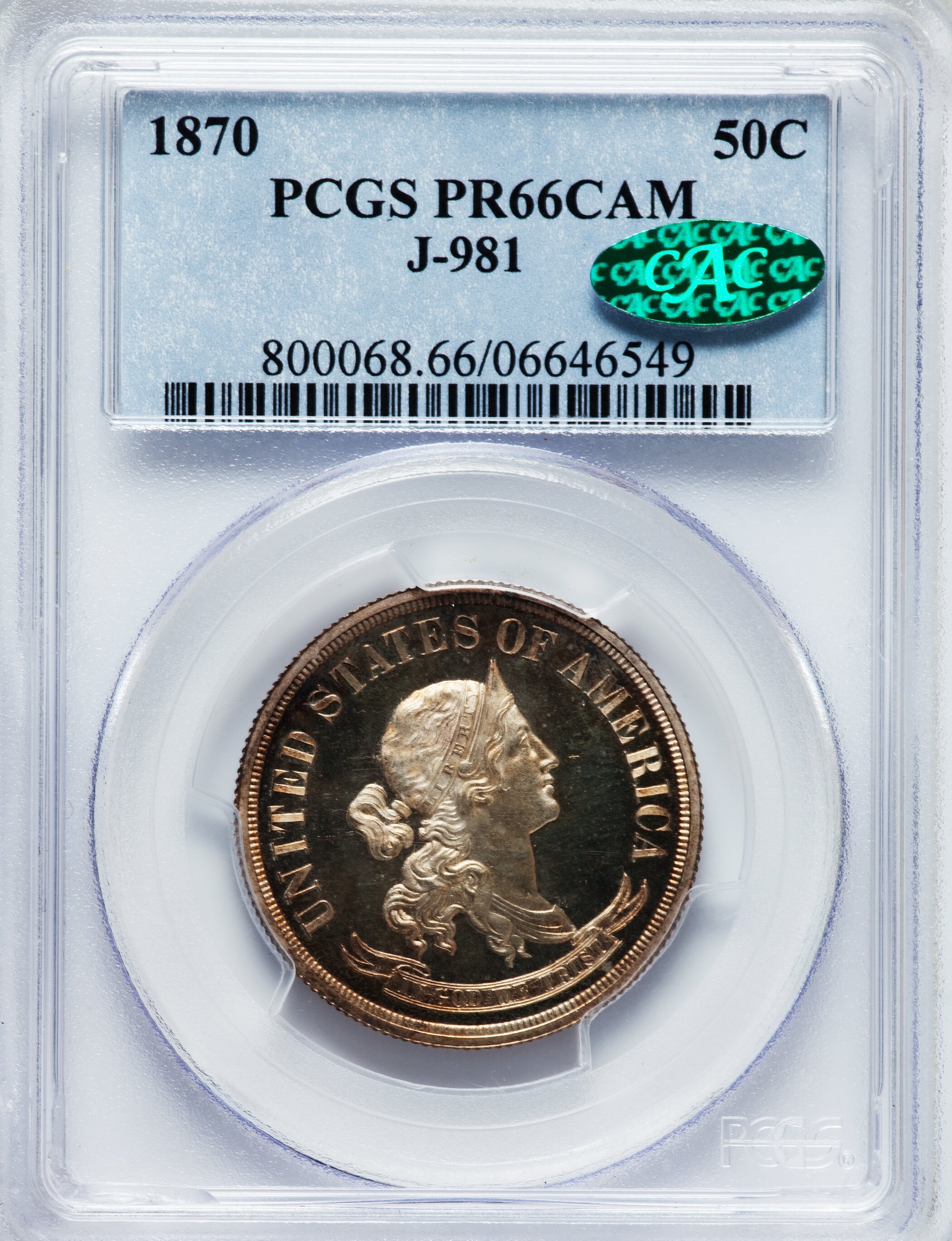 image for: 1870 50C Standard Silver Half Dollar, Judd-981, Pollock-1101, High R.6, PR66 Cameo PCGS. CAC....