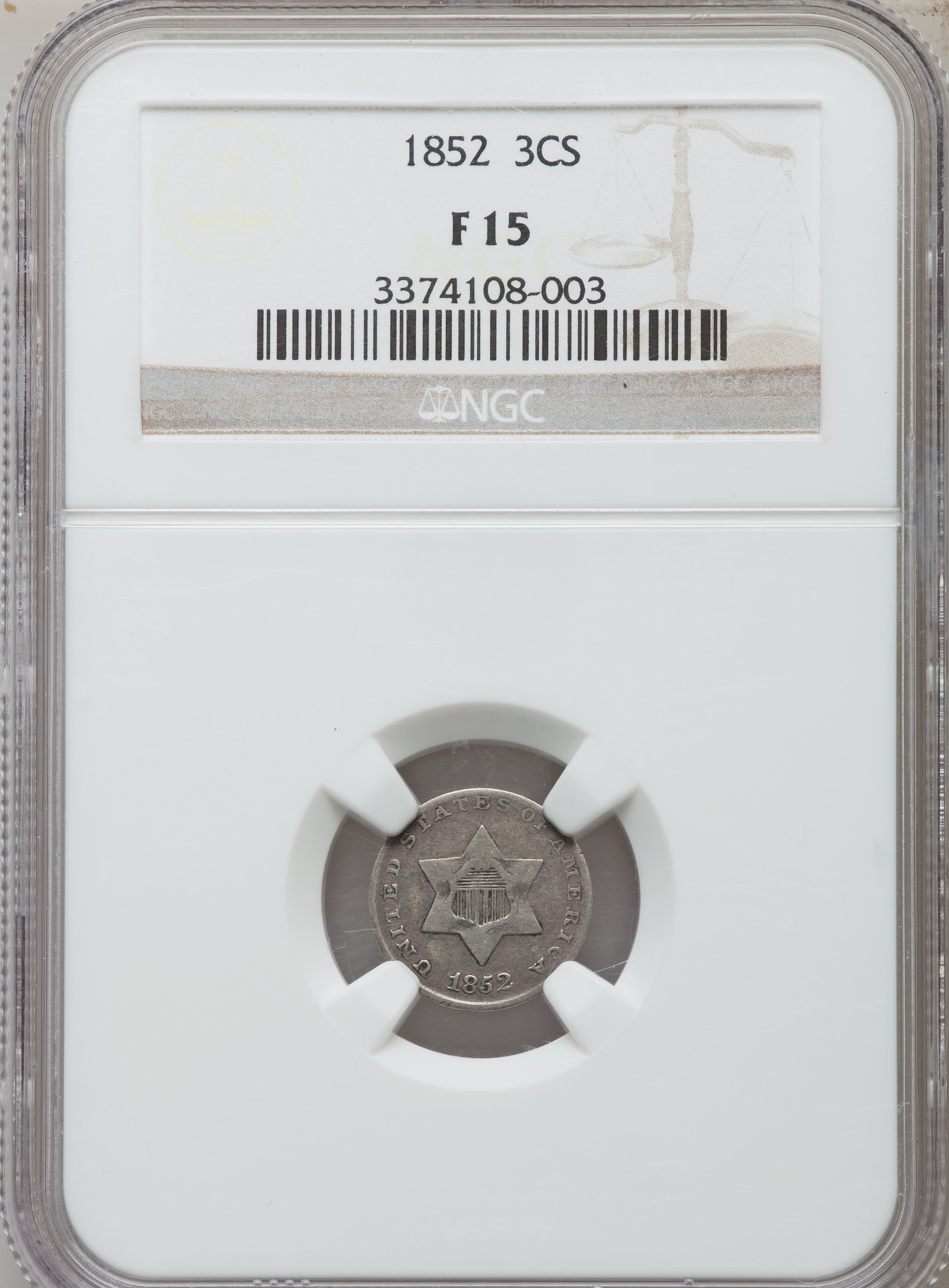 1852 3CS Fine 15 NGC. NGC Census: (4/1380). PCGS Population (12/1552). Mintage: 18,663,500. Numismedia Wsl. Price for probl...