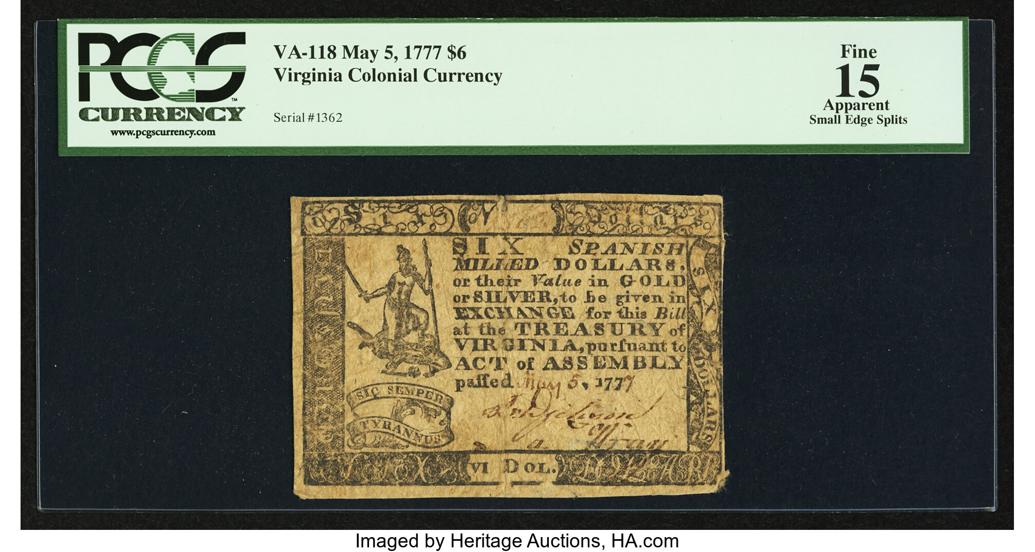 image for: Virginia May 5, 1777 $6 PCGS Apparent Fine 15....