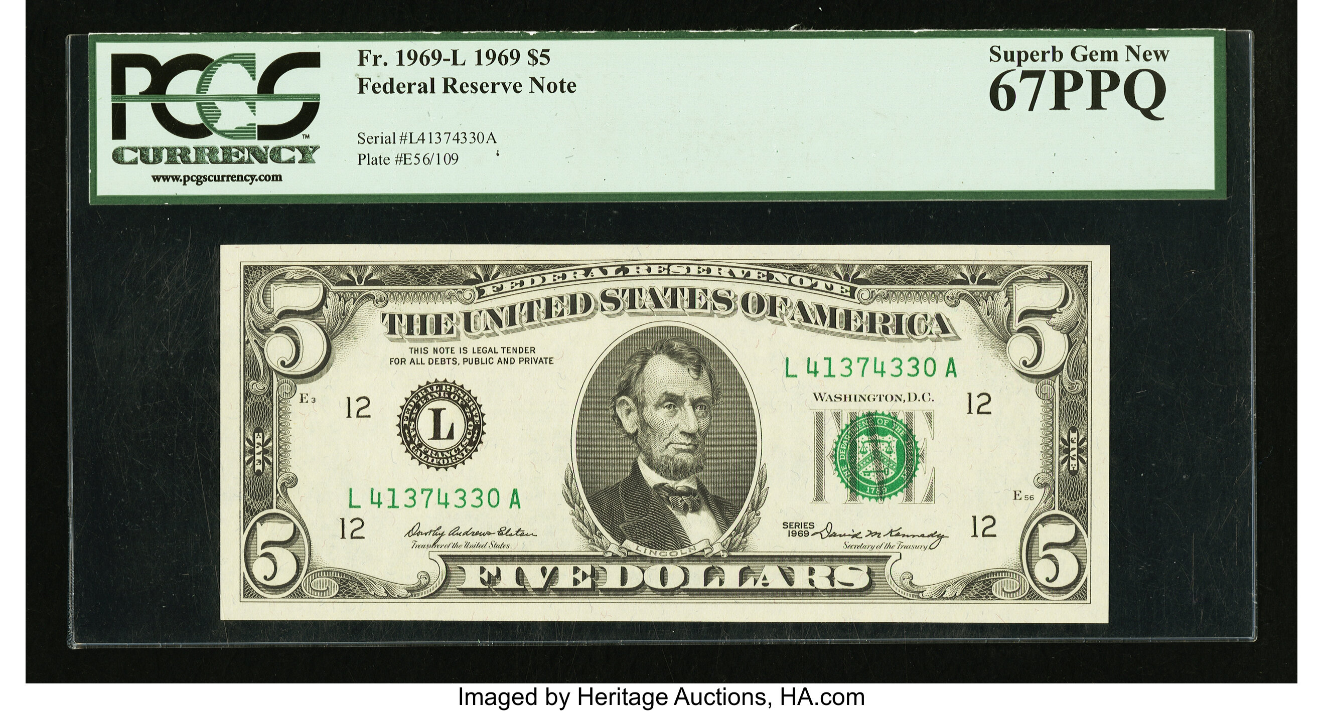 image for: Fr. 1969-L $5 1969 Federal Reserve Note. PCGS Superb Gem New 67PPQ....
