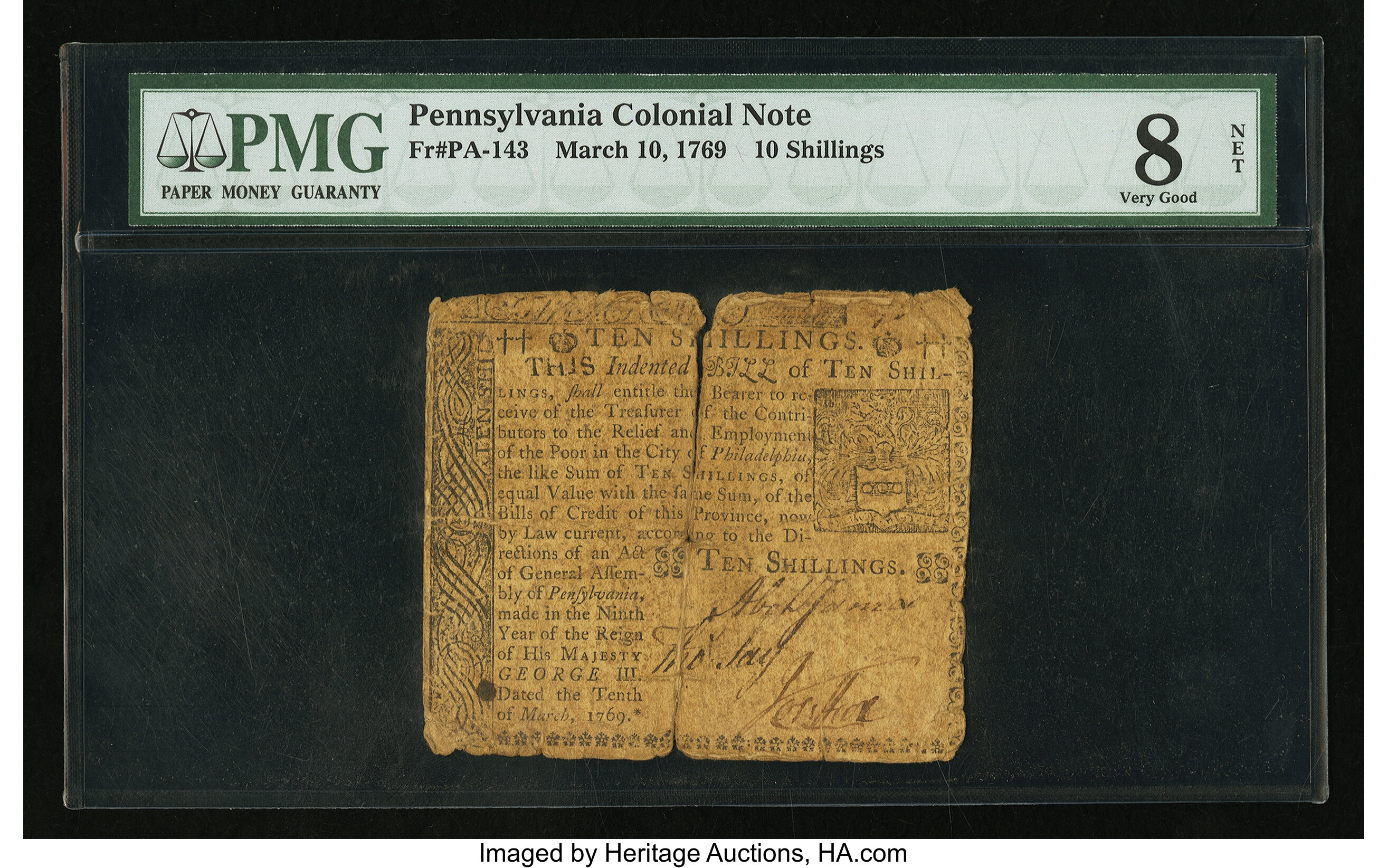 image for: Pennsylvania March 10, 1769 10s PMG Very Good 8 Net....