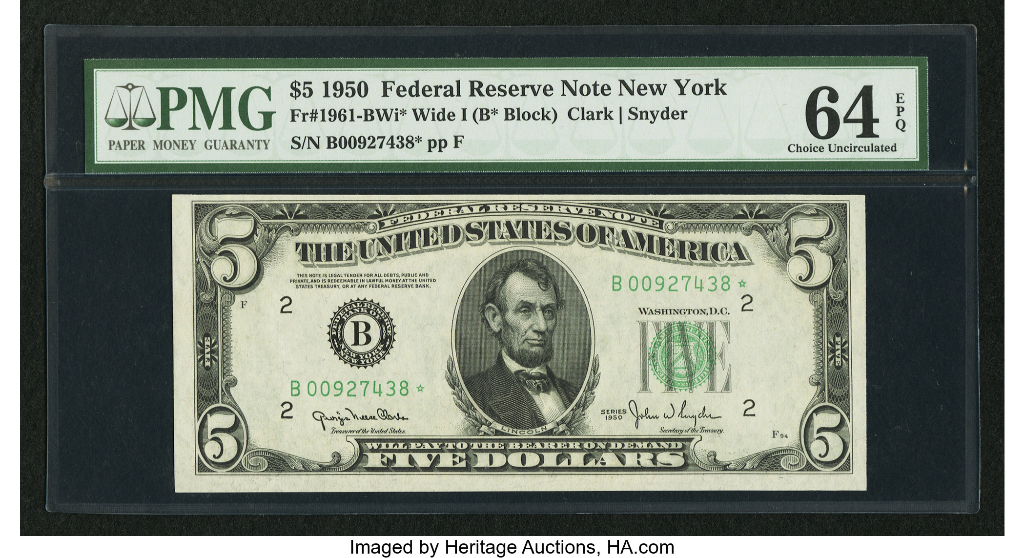 image for: Fr. 1961-B* $5 1950 Wide I Federal Reserve Star Note. PMG Choice Uncirculated 64 EPQ....
