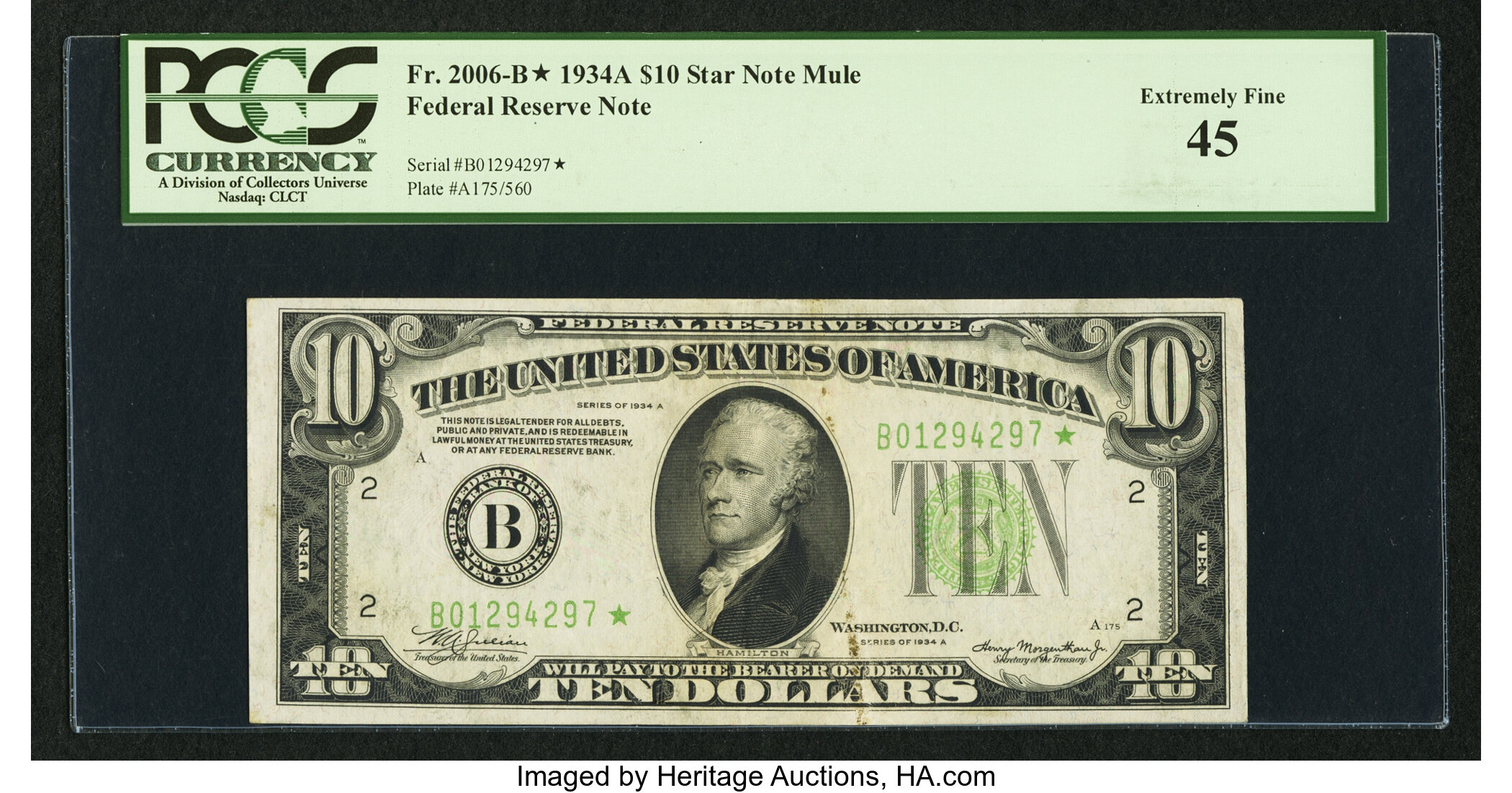 image for: Fr. 2006-B* $10 1934A Mule Federal Reserve Star Note. PCGS Extremely Fine 45....