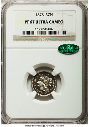 image for: 1878 3CN PR67 Ultra Cameo NGC. CAC....