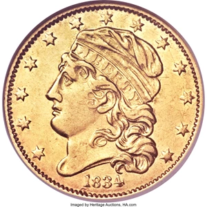 image for: 1834 $5 Capped Head, Crosslet 4 AU55 NGC. BD-2, R.5....
