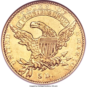 image for: 1834 $5 Capped Head, Crosslet 4 AU55 NGC. BD-2, R.5....
